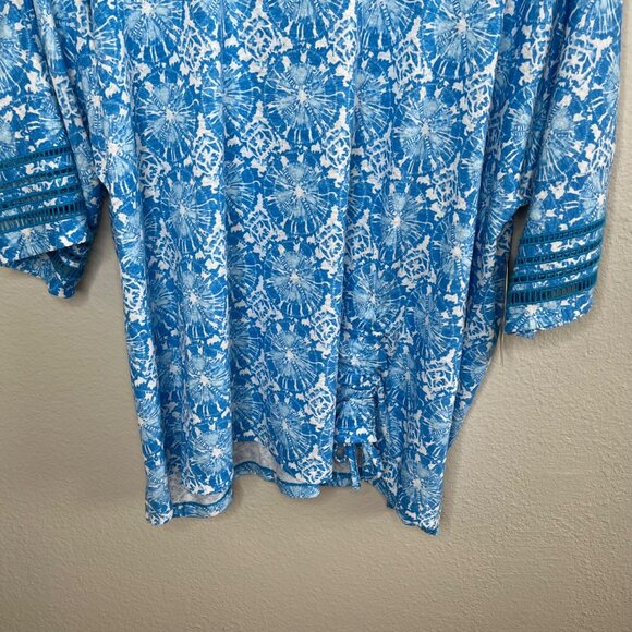 Ali Miles Womens Blue Geometric Linen Blend Eyelet Sleeve Tunic Top 3X - Picture 4 of 13
